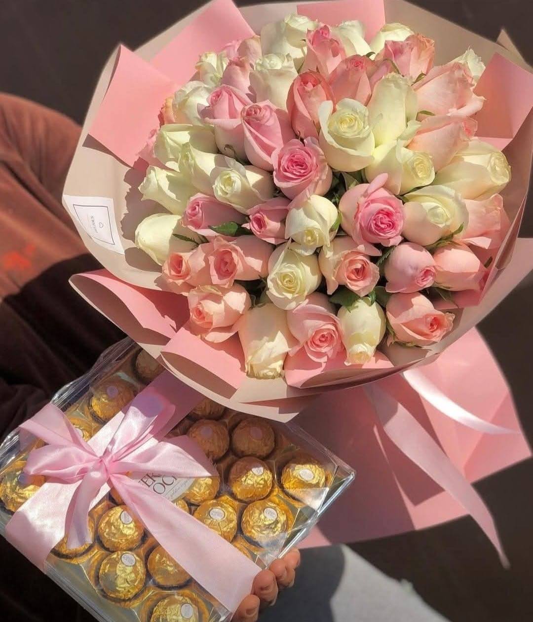 Pink & White Roses with Chocolate
