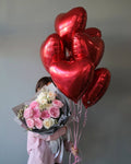 Pink & White Roses with Heart Balloons