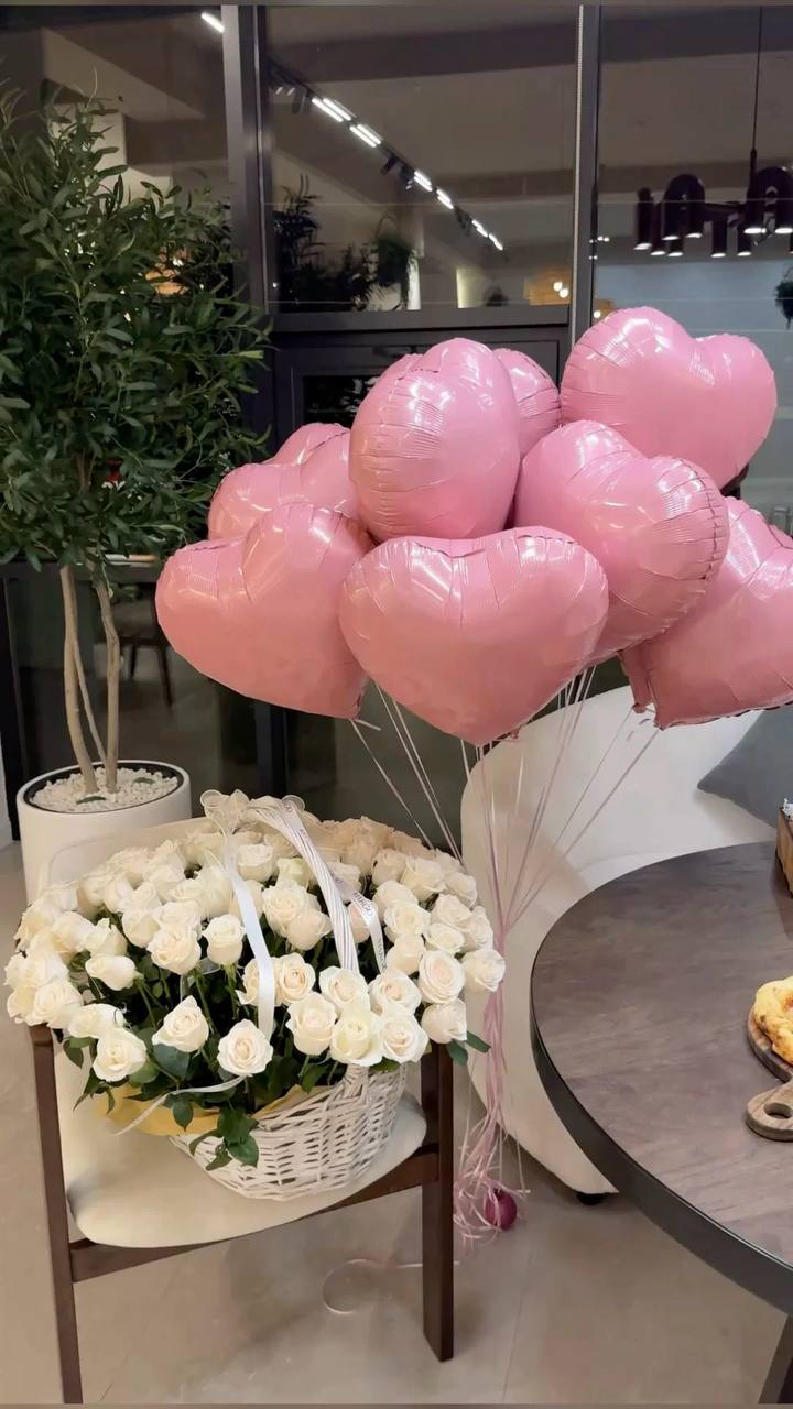White Rose Basket with Heart Balloons